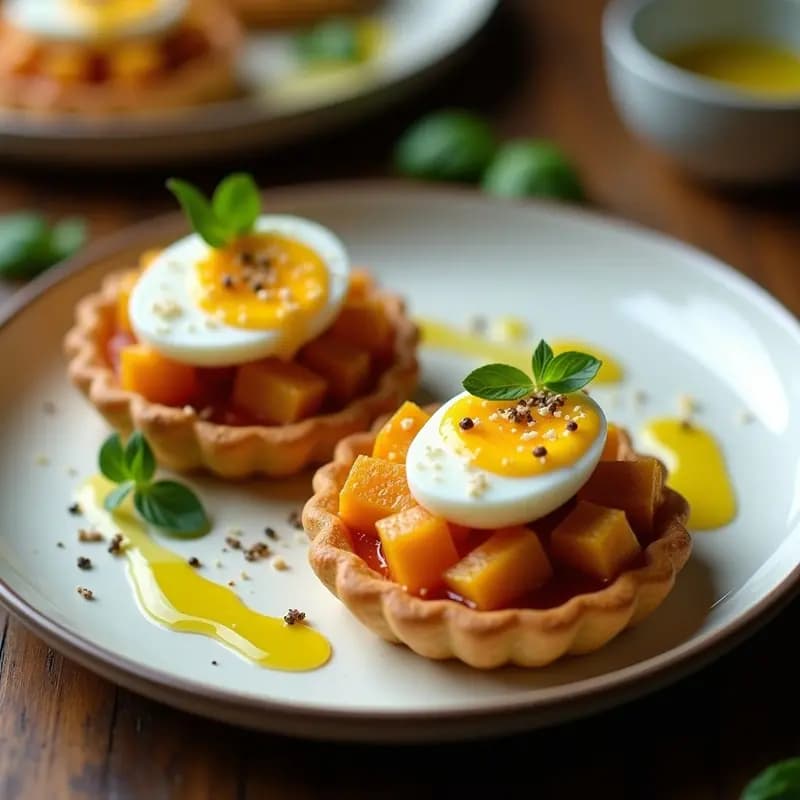 Tartaleta de Batata Blanca y Crema de Pisto con Huevo Escabechado: Entrante Español Moderno