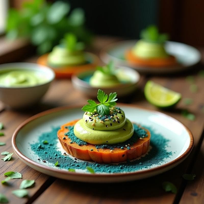 Tartaleta de Batata y Espirulina con Crema de Aguacate y Lima: Aperitivo Vegano y Nutritivo