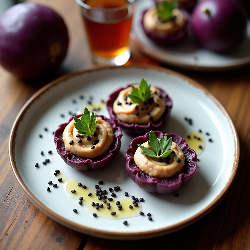 Tartaleta de Batata Morada y Hummus de Berenjena: Aperitivo Vegano Crudivegano