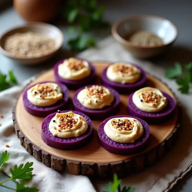 Tartaleta de Batata Morada y Hummus con Semillas de Sésamo: Aperitivo Libanés Keto