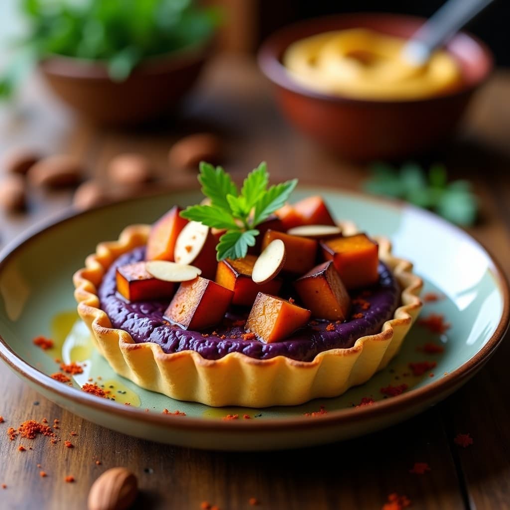 Tartaleta de Batata Morada y Hummus de Lentejas Beluga: Receta Vegana en Thermomix con Toque Moruno