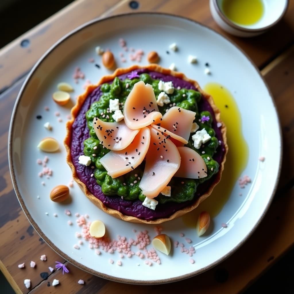 Tartaleta de Batata Morada y Merluza Ahumada: Receta Sin Horno con Pesto de Rúcula