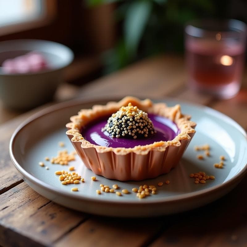 Tartaleta de Batata Morada y Misos con Crujiente de Sésamo: Postre Japonés Keto en 20 Minutos
