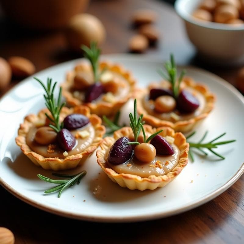 Tartaleta de Batata Morada y Queso de Castaña con Nueva de Frutos Secos: Entrante Vegano y Sin Gluten