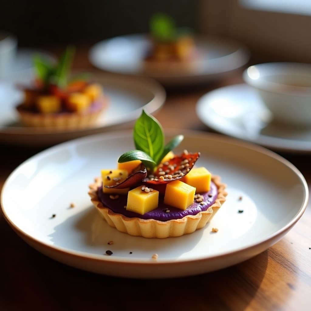 Tartaleta de Batata Morada y Queso de Cúrcuma con Prosciutto de Berenjena: Entrante Vegano Gourmet