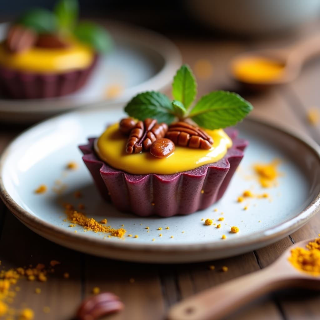 Tartaleta de Batata Morada y Crema de Queso de Cúrcuma con Nueces Caramelizadas: Postre Sin Horno