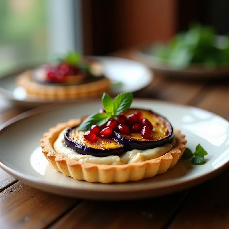 Tartaleta de Berenjena Ahumada con Tahini y Granada: Receta Vegana Gourmet en 25 Minutos