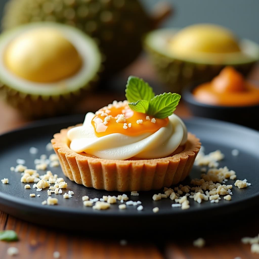 Tartaleta de Base de Cacahuete con Crema de Durian y Salsa de Tamarindo: Postre Tailandés Sin Horno