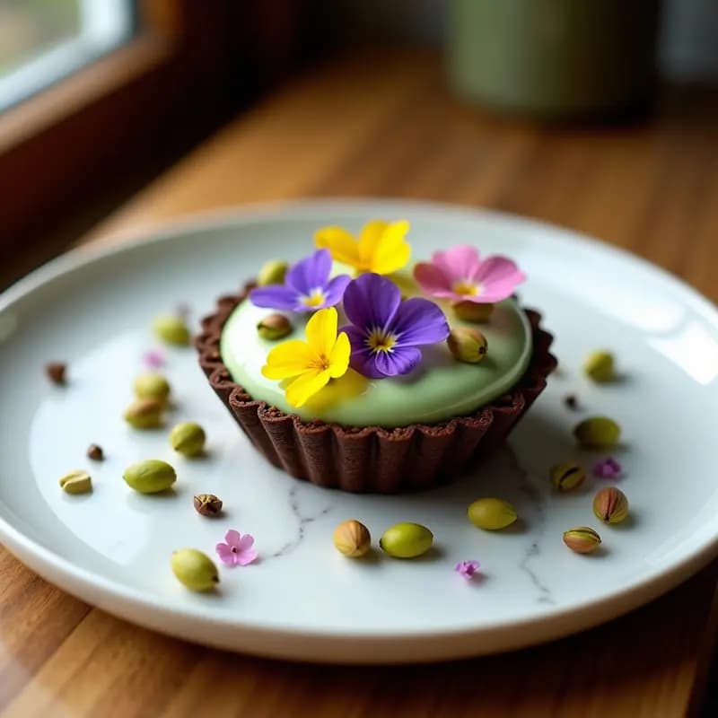 Tartaleta de Cacao y Relleno de Crema de Pistacho con Flores Comestibles: Postre Italiano Gourmet