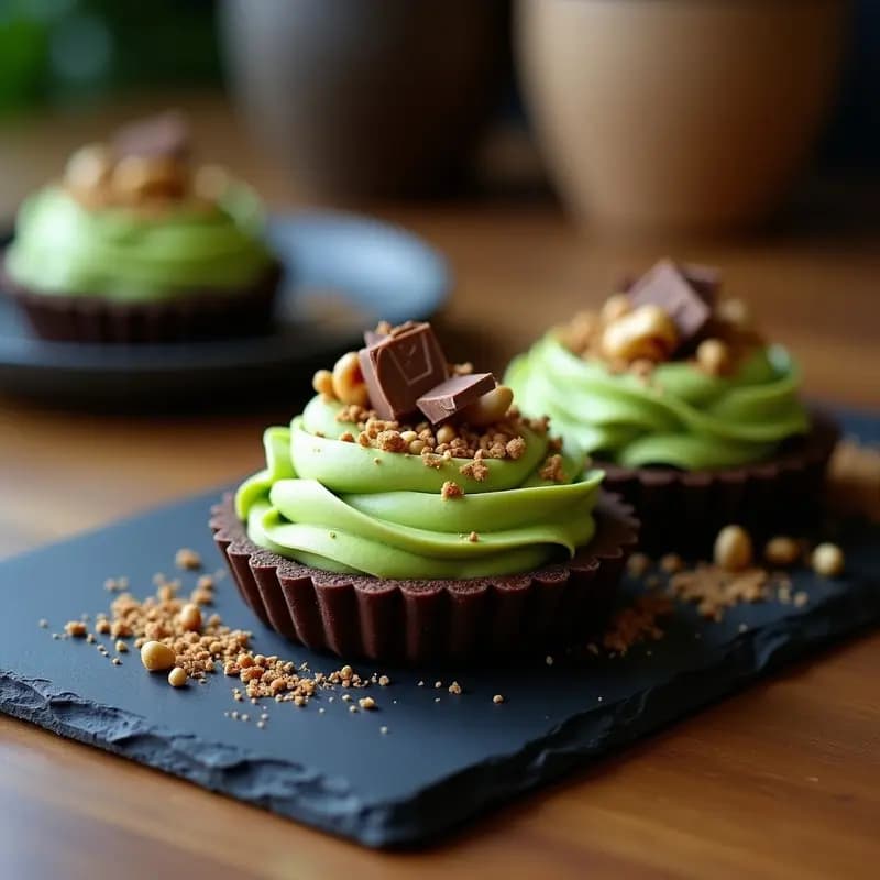 Tartaleta de Chocolate y Avellanas con Crema de Matcha: Postre Francés-Japonés Sin Azúcar