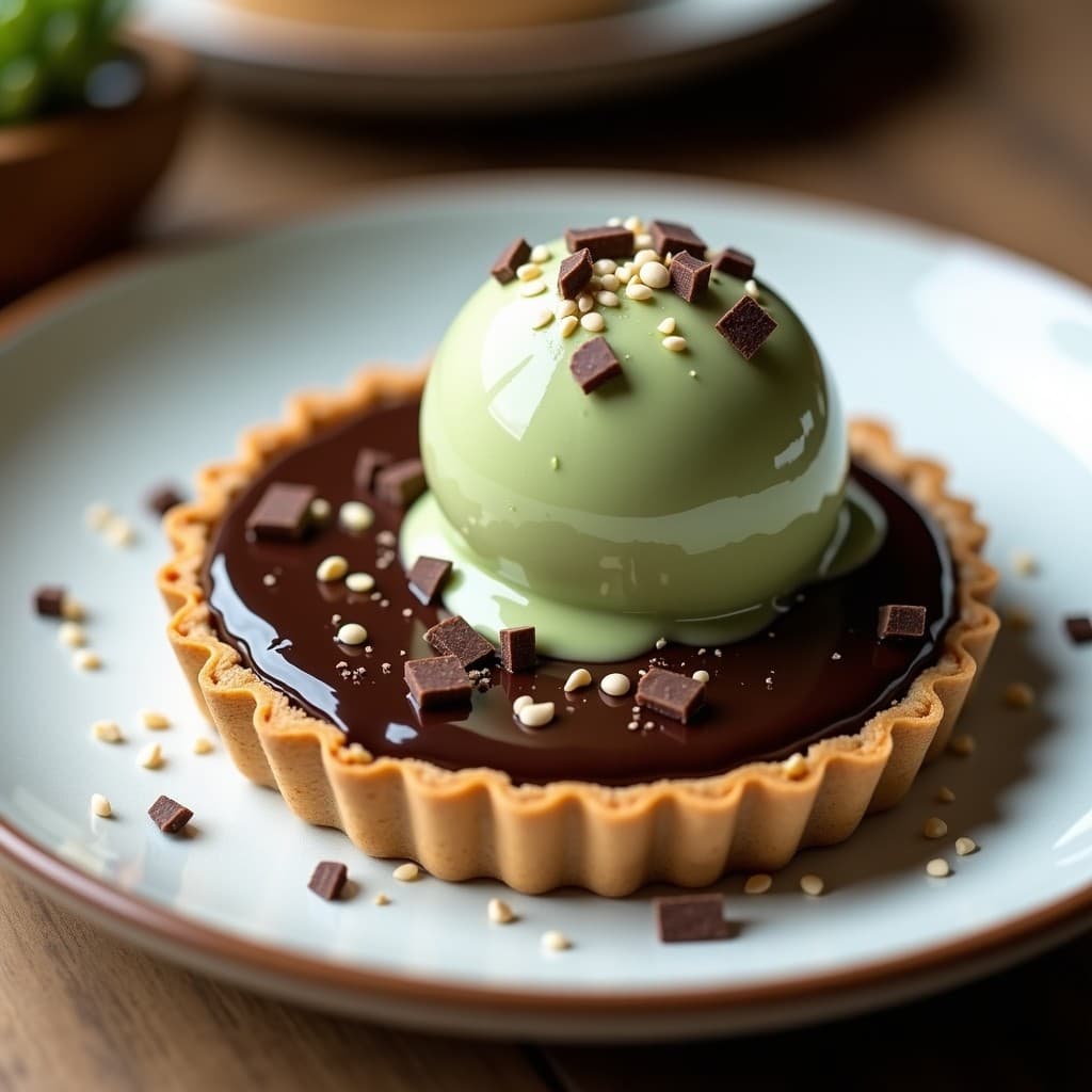 Tartaleta de Chocolate y Pasta de Dátiles con Helado de Matcha: Postre Vegano y Keto