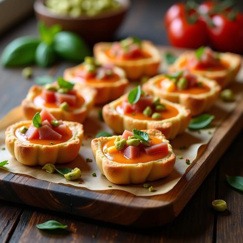 Tartaletas de Ciprés con Pistacho y Salmorejo: Receta Gourmet Sin Horno en 15 Minutos