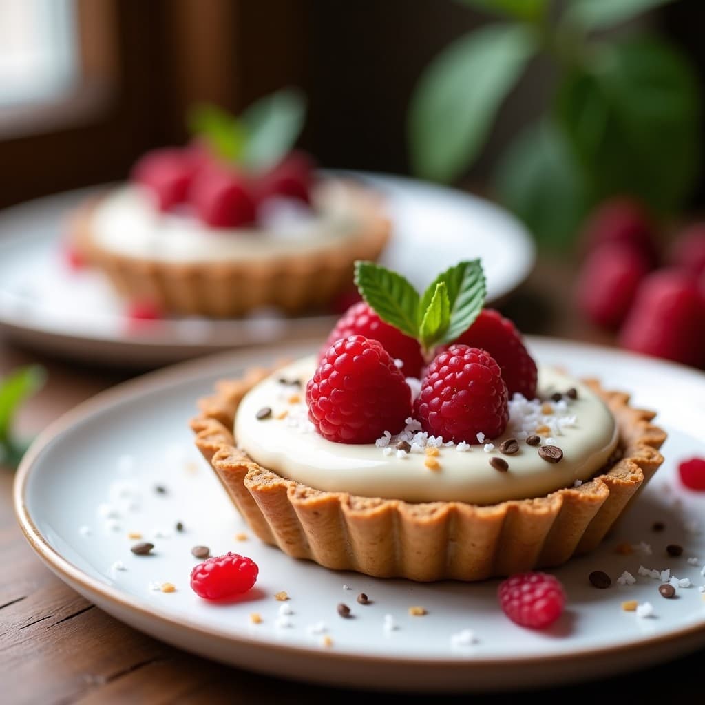 Tartaleta de Base de Dátiles y Nueces con Relleno de Crema de Anacardos y Frambuesas: Postre Crudivegano