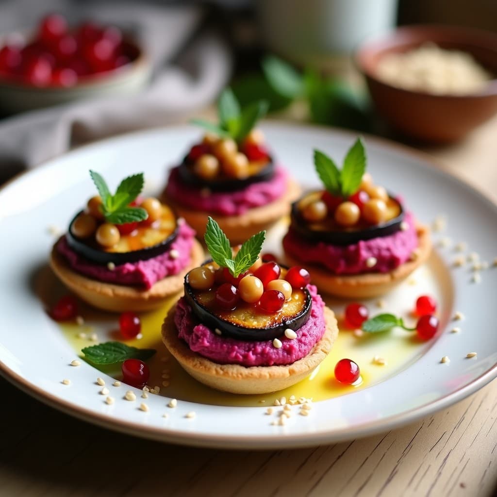 Tartaleta de Garbanzos y Berenjena Asada con Hummus de Remolacha:Entrante Libanés Sin Horno