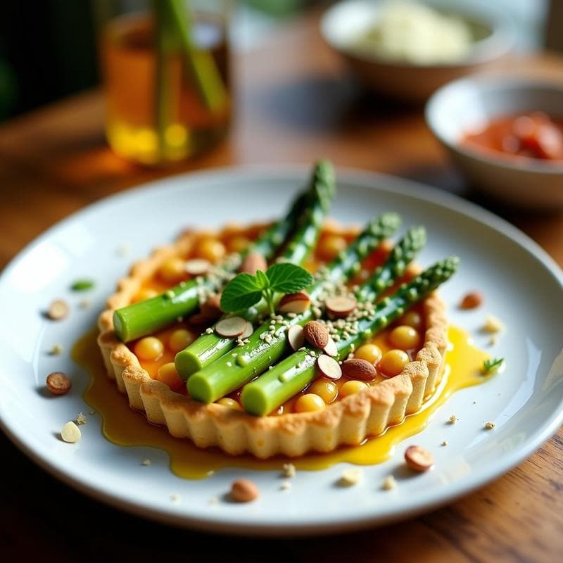 Tartaleta de Garbanzos y Espárragos con Vinagreta de Azafrán: Receta Vegana Gourmet en 25 Minutos