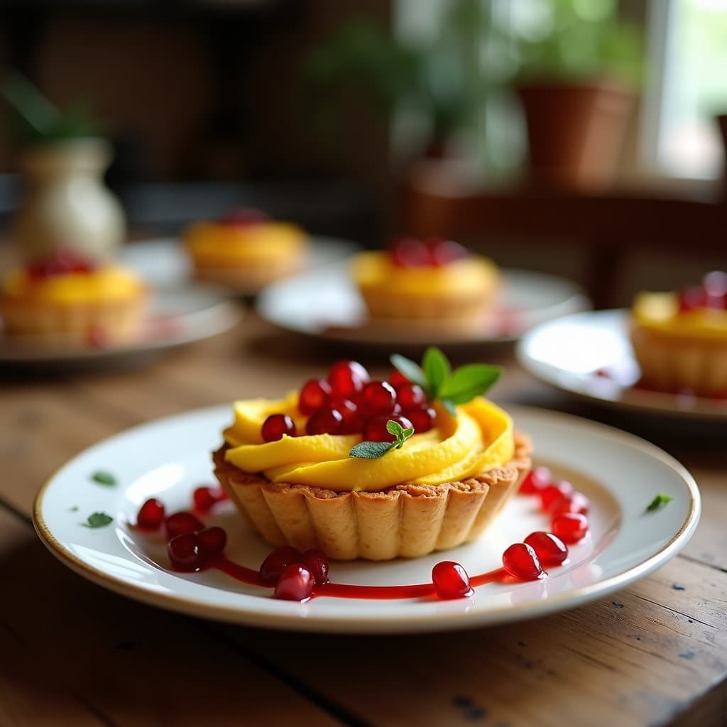Tartaleta de Harina de Coco con Crema de Cúrcuma y Topping de Granados: Postre Tamil Sin Gluten