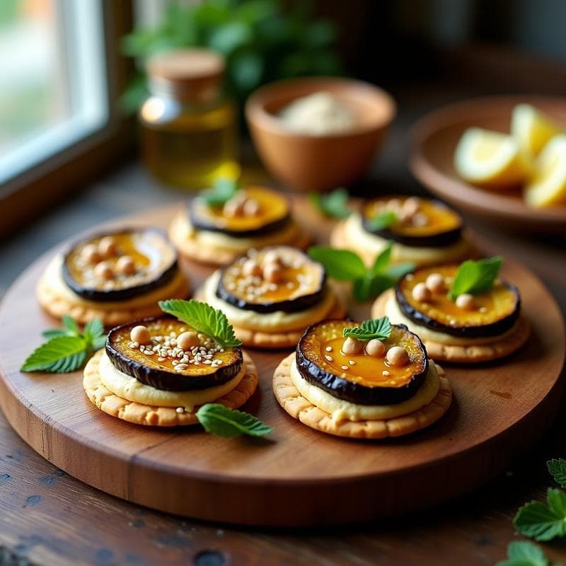 Tartaleta de Hummus y Berenjena Asada con Aceite de Oliva Virgen: Aperitivo Vegano Sin Horno