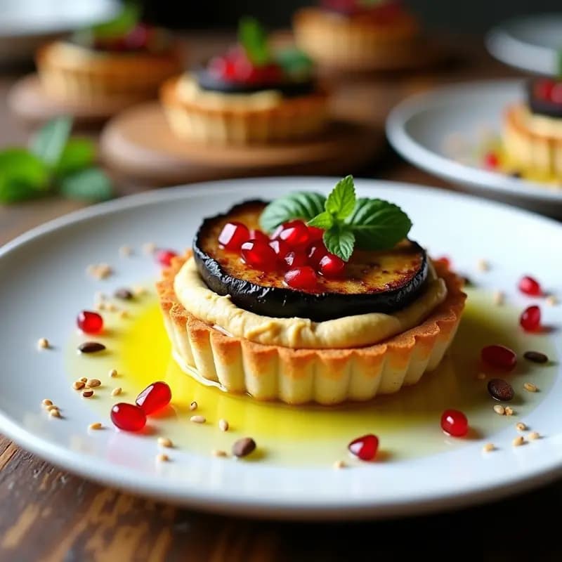 Tartaleta de Hummus y Berenjena Asada con Granada: Entrante Sirio Gourmet Sin Gluten