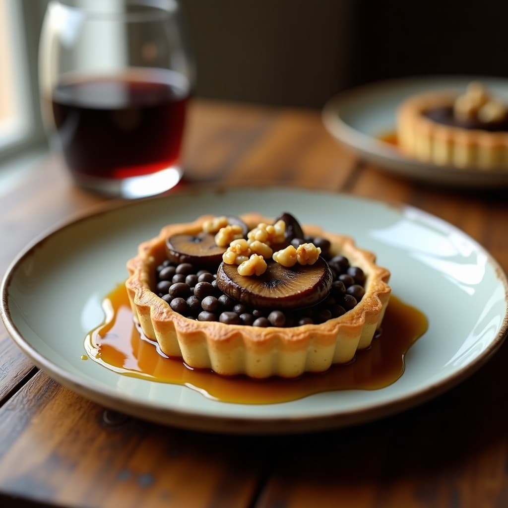 Tartaleta de Lentejas Beluga y Champiñones con Reducción de Pedro Ximénez: Receta Vegana Gourmet en 25 Minutos