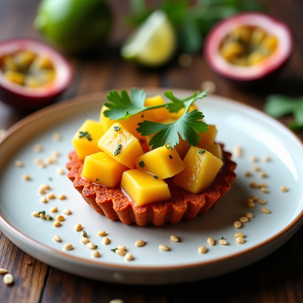 Tartaleta de Base de Lentejas Rojas con Ceviche de Maracuyá: Postre Salado Peruano Sin Gluten