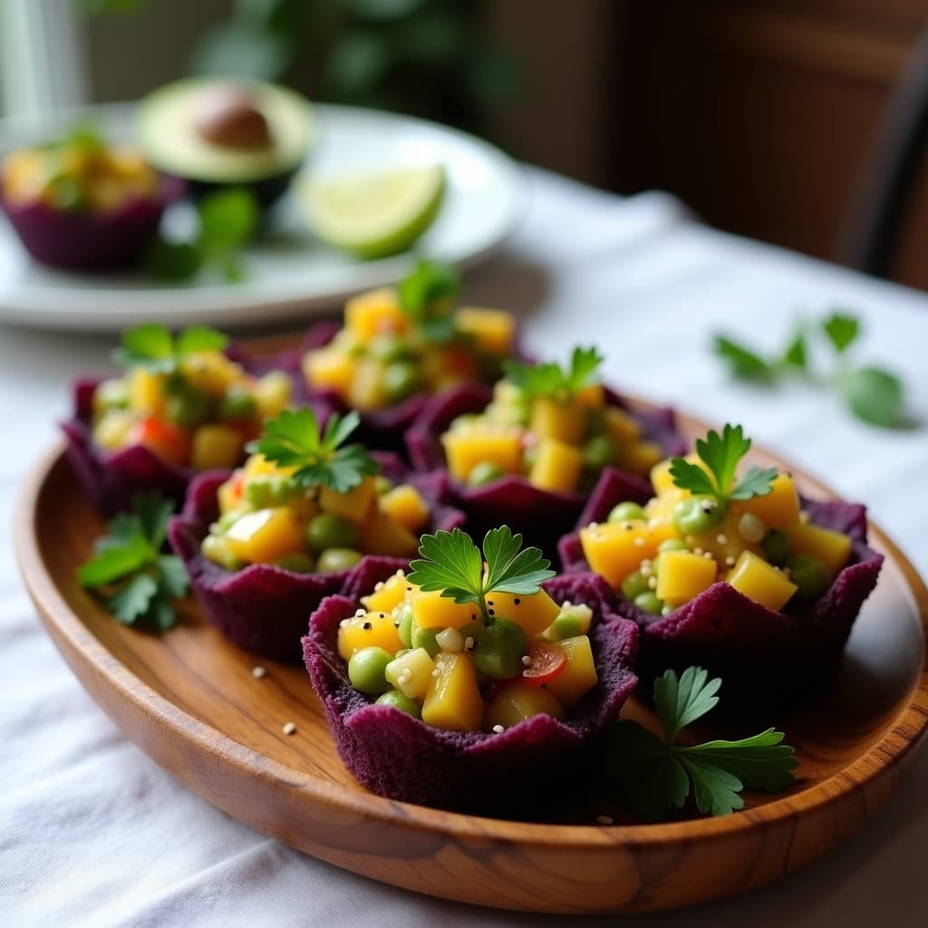 Tartaleta de Base de Maíz Morado con Ceviche de Palta y Tomate Amarillo: Receta Peruana Sin Gluten