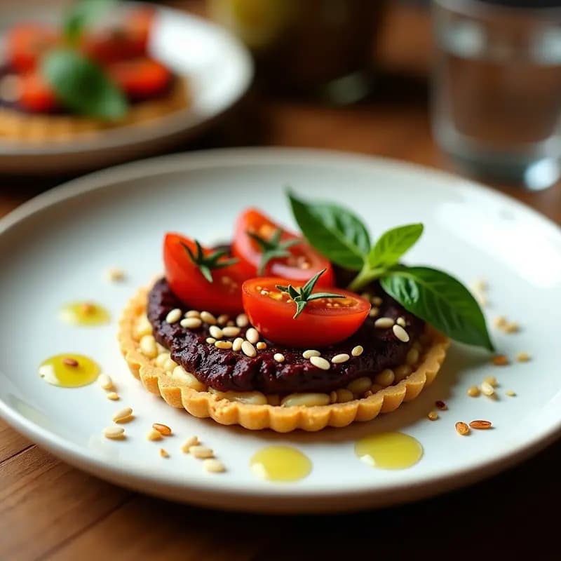 Tartaleta de Mijo y Tomates Secos con Pesto de Aceitunas Kalamata: Aperitivo Griego Keto