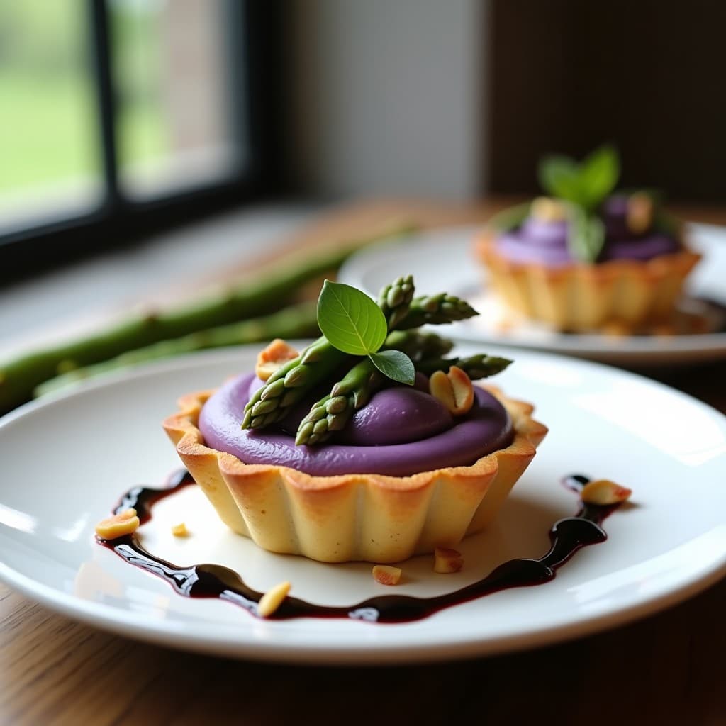 Tartaleta de Base de Pistacho con Crema de Espárragos Morados: Receta Francesa Sin Gluten