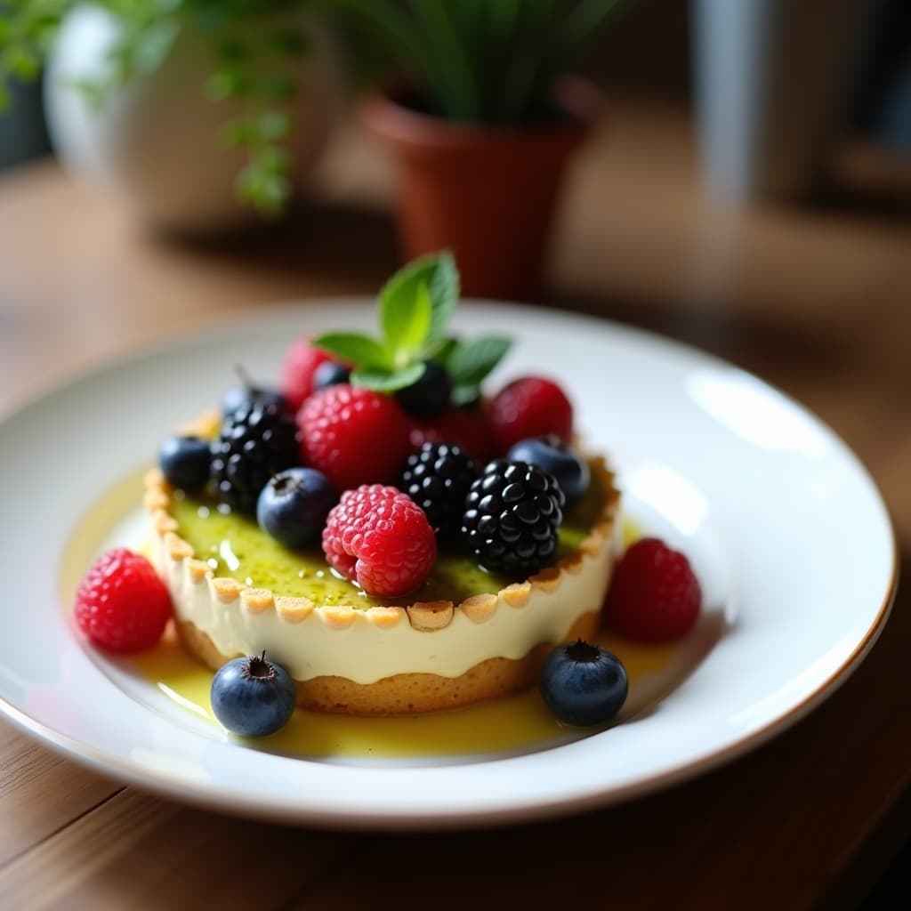 Tartaleta de Base de Pistacho con Mousse de Maracuyá y Frutos del Bosque: Postre Sin Azúcar