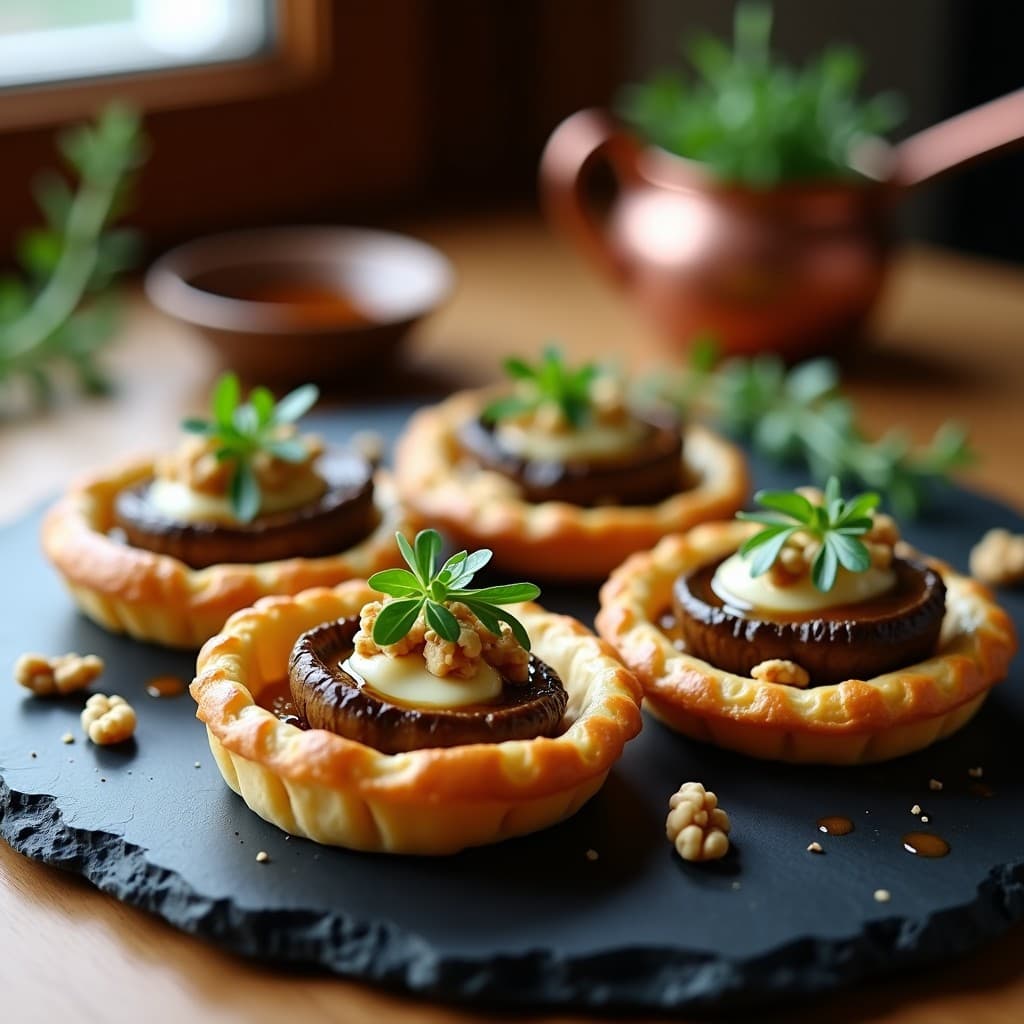 Tartaleta de champiñones Portobello y Queso de Cabra con Reducción de Oporto: Entrante Francés Gourmet