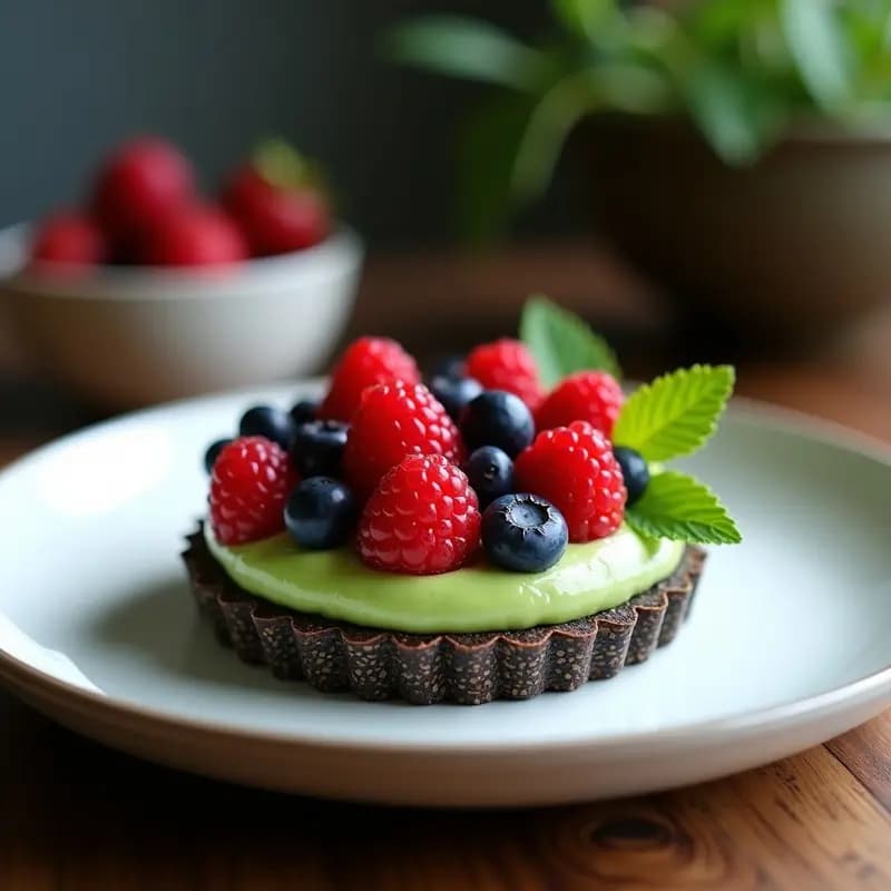 Tartaleta de Base de Semillas de Chía con Crema de Matcha y Frutos Rojos: Postre Crudivegano
