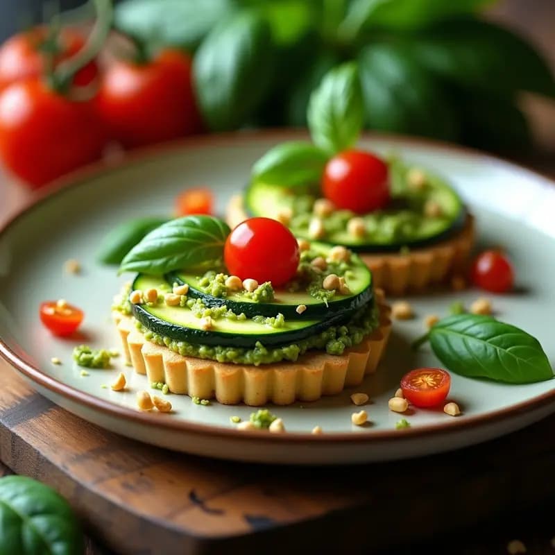 Tartaleta Crudivegana de Zucchini con Pesto de Albahaca y Piñones: Entrante Italo-Argentino