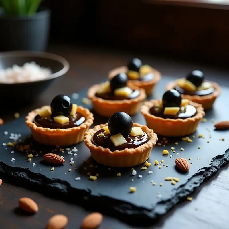 Tartaletas de Aceituna Negra y Chocolate 90% con Sal de Maldon: Postre Salado-Dulce Sin Horno