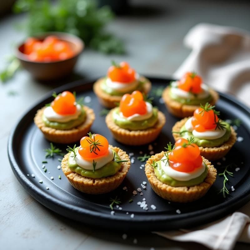 Tartaletas de Aguacate y Huevas de Salmón con Crema de Eneldo: Aperitivo Escandinavo Sin Cocción