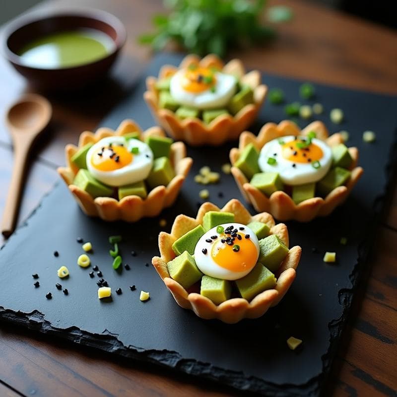 Tartaletas de Aguacate y Huevo Poché con Vinagreta de Wasabi: Receta Japonesa en 12 Minutos