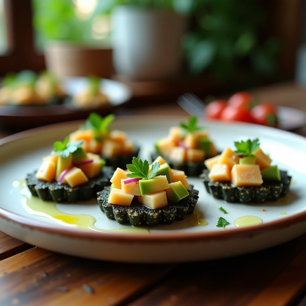 Tartaletas de Base de Algas con Ceviche de Corvina: Receta Peruana Crudivegana
