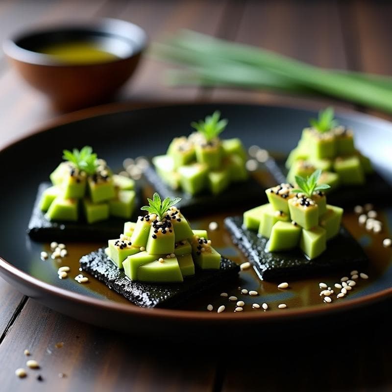 Tartaletas de Algas Nori y Aguacate con Vinagreta de Sésamo: Receta Japonesa Crudivegana