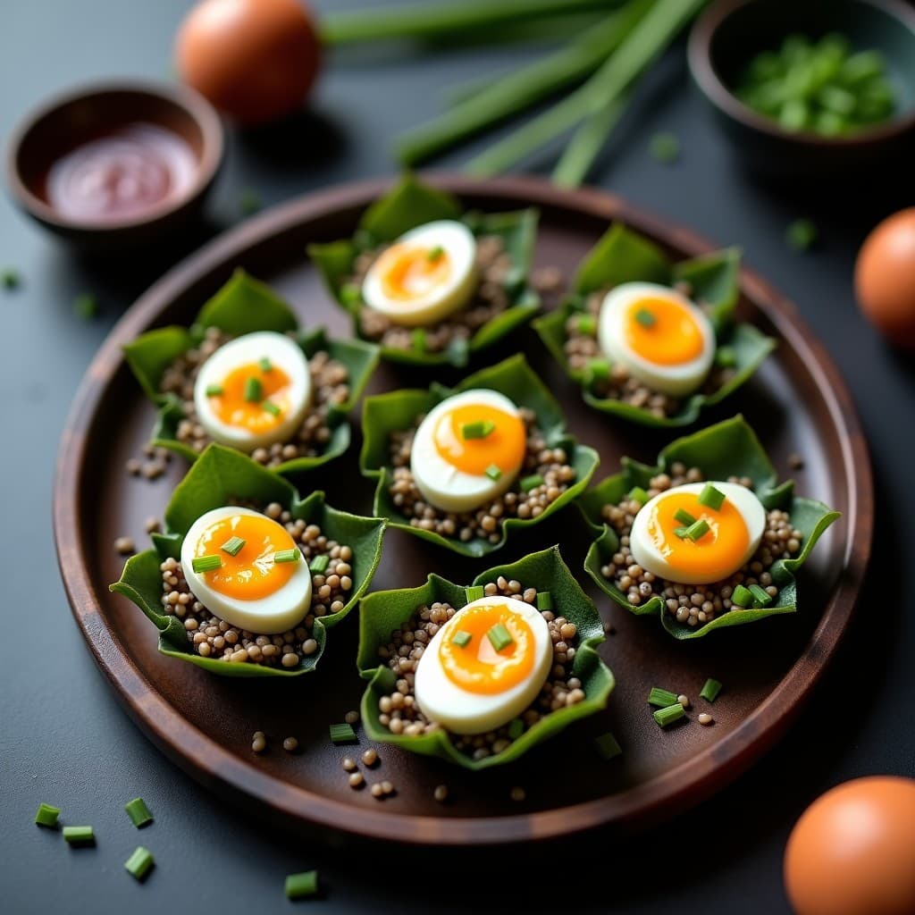 Tartaletas de Base de Algas Nori con Relleno de Arroz Salvaje y Huevo de Codorniz: Aperitivo Japonés Alto en Proteína