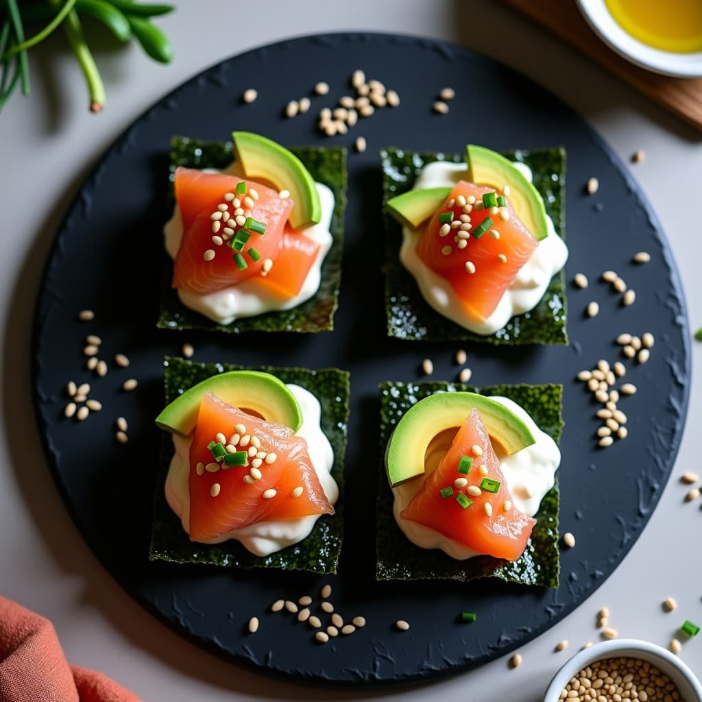 Tartaletas de Algas Nori con Crema de Anacardos y Salmón Ahumado: Receta Japonesa Alta en Omega-3 para Cenas Rápidas