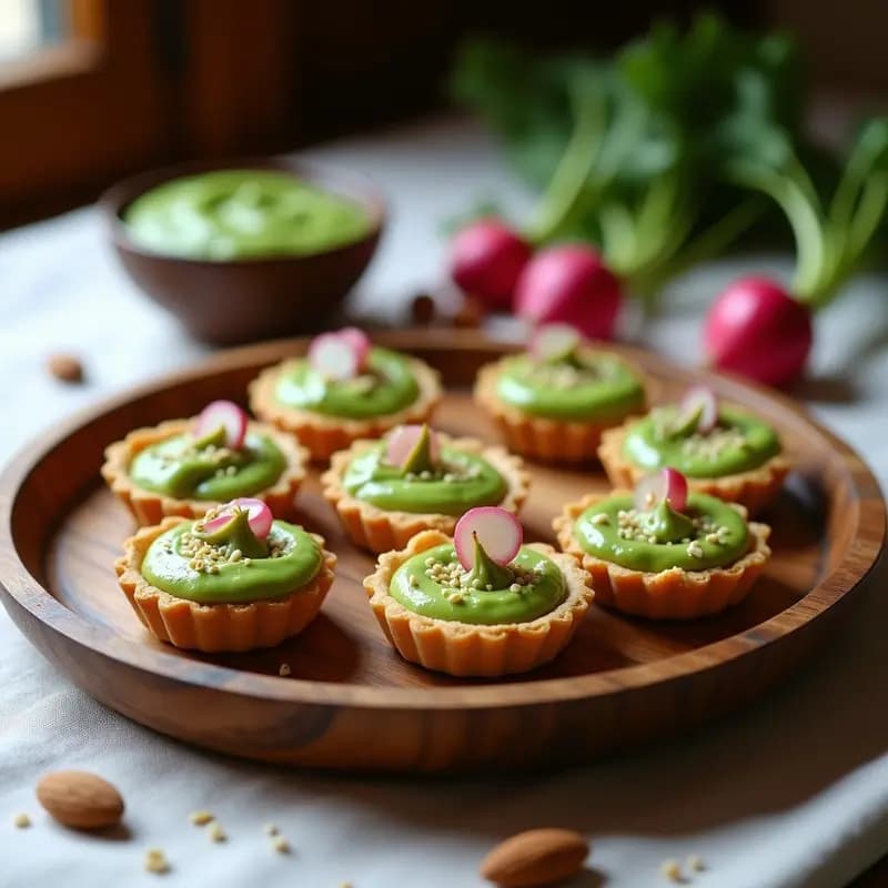 Tartaletas de Almendra y Pesto de Rábanos: Aperitivo Francés Sin Horno y Vegano