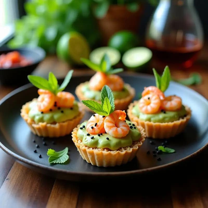 Tartaletas de Base de Arroz Inflado con Relleno de Aguacate y Langostinos: Aperitivo Tailandés Crujiente