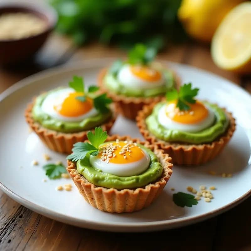 Tartaletas de Base de Avena con Crema de Aguacate y Huevo Poché: Desayuno Proteico y Estético