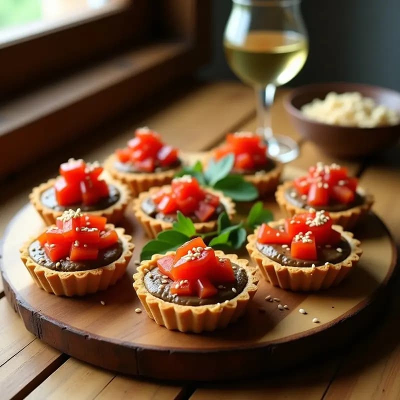 Tartaletas de Base de Lino Dorado con Pate de Berenjena Ahumada y Caviar de Tomate: Aperitivo Vegano Sin Gluten en 20 Minutos