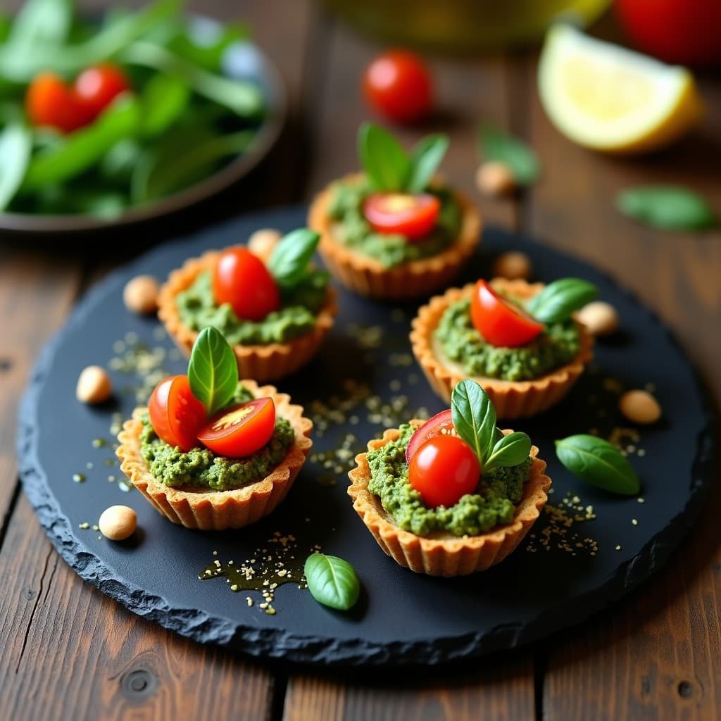Tartaletas de Base de Lino con Pesto de Rúcula y Piñones: Aperitivo Crudivegano Elegante
