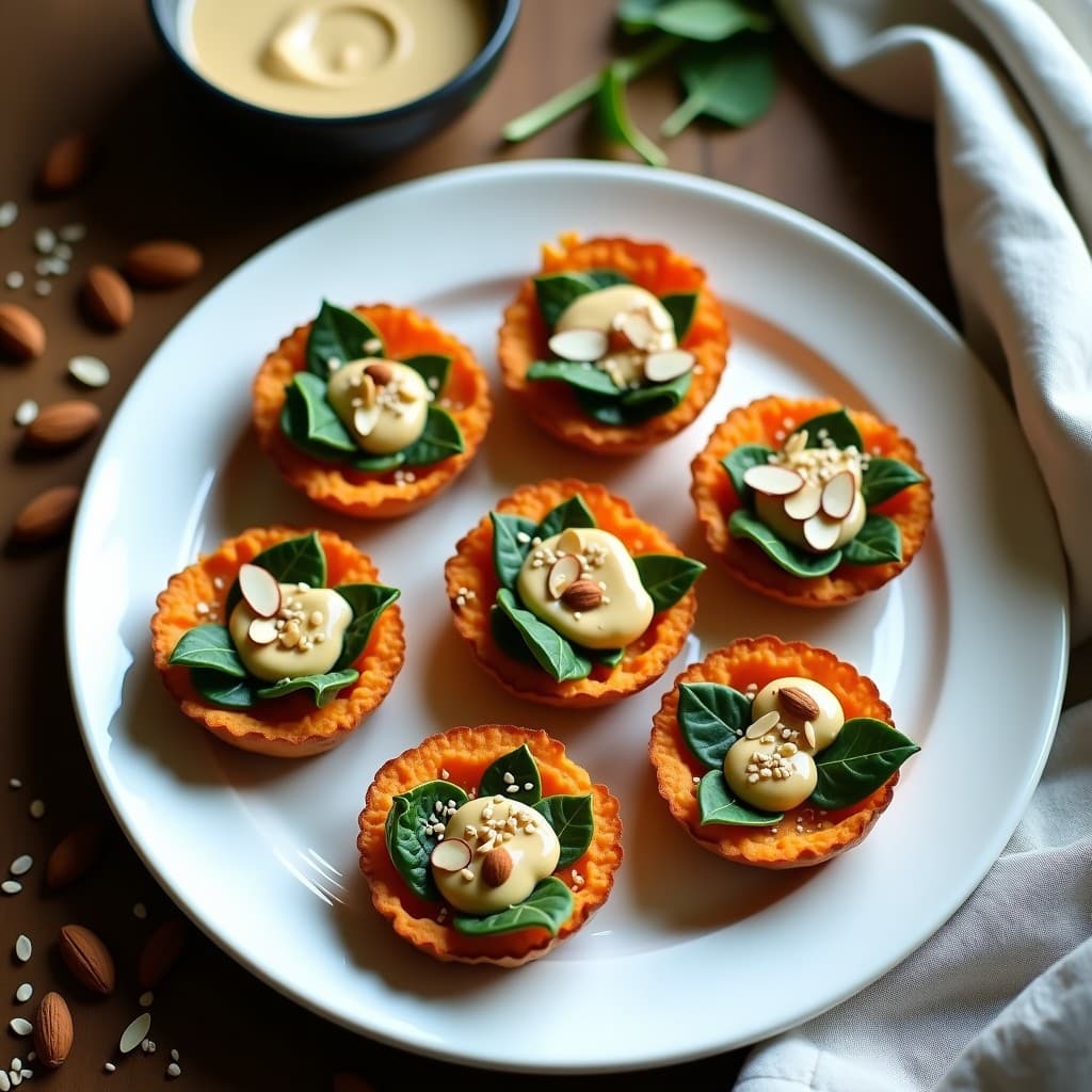 Tartaletas de Batata y Espinacas con Salsa de Tahini: Entrante Vegano Sin Horno