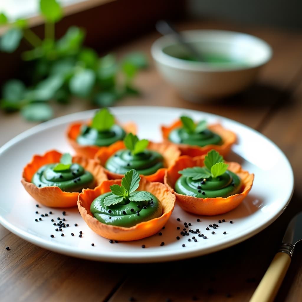 Tartaletas de Batata y Espirulina con Crema de Anacardos: Aperitivo Vegano y Crudivegano