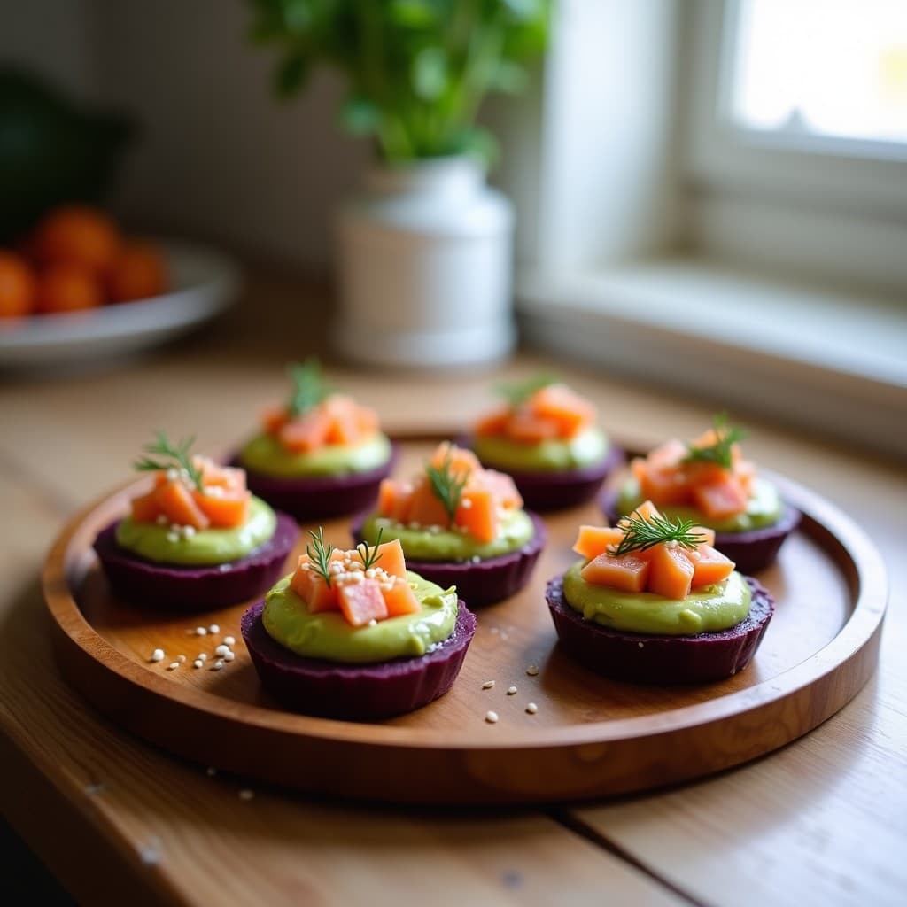 Tartaletas de Base de Batata Morada con Relleno de Aguacate y Salmón: Receta Sin Gluten y Alta en Omega-3