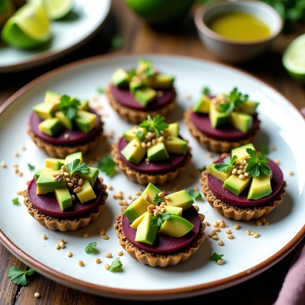 Tartaletas de Batata Morada y Aguacate con Vinagreta de Lima: Receta Peruana Vegana