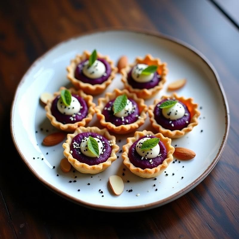 Tartaletas de Batata Morada y Ceuta con Crujiente de Almendra: Receta Vegana Gourmet
