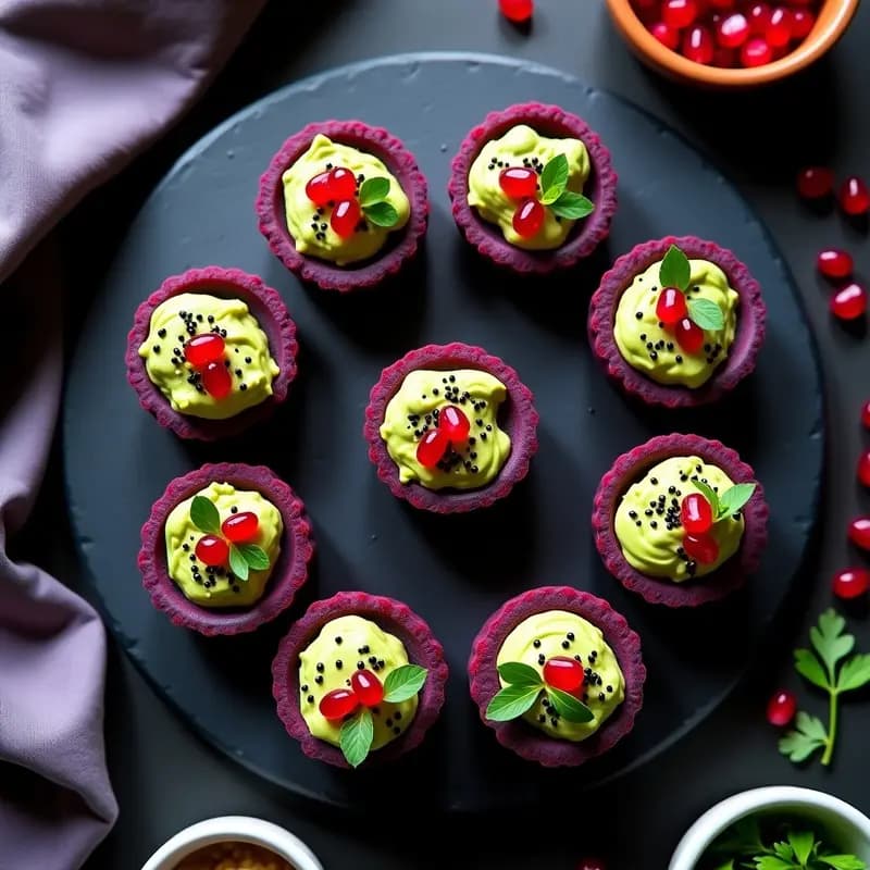 Tartaletas de Batata Morada con Guacamole y Granos de Granada: Aperitivo Visual Impactante