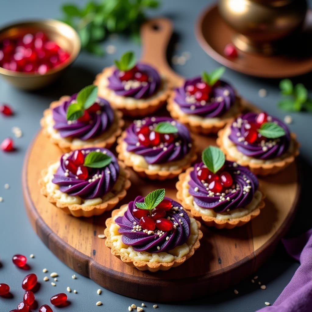 Tartaletas de Batata Morada y Tahini con Granos de Granada: Entrante Árabe Sin Horno